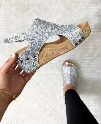 Chunky Wedges Sandals Fashion Sequins Velcro Shoes Women