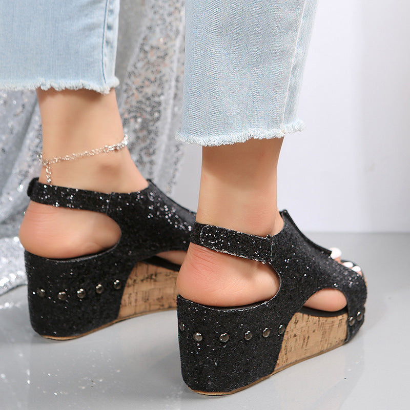 Chunky Wedges Sandals Fashion Sequins Velcro Shoes Women