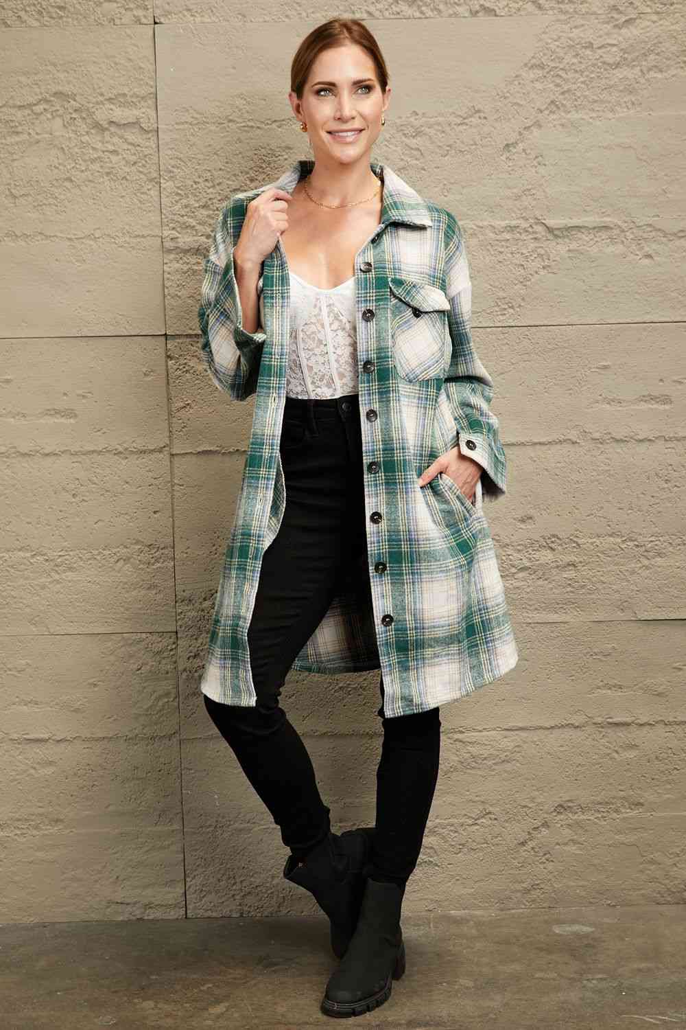 Double Take Plaid Button-Up Longline Jacket with Pockets