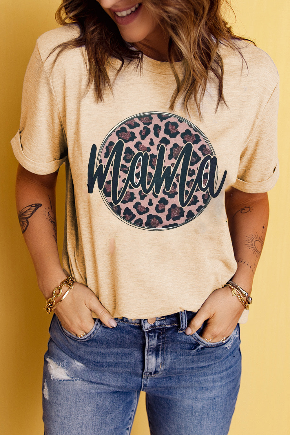 MAMA Leopard Graphic Round Neck Tee