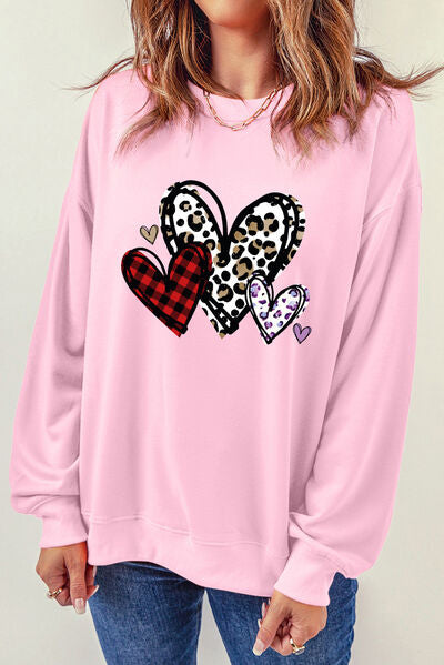 Heart Round Neck Dropped Shoulder Sweatshirt