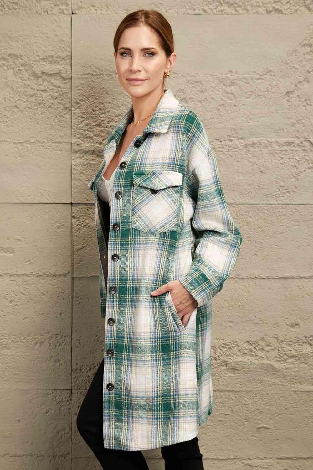 Double Take Plaid Button-Up Longline Jacket with Pockets