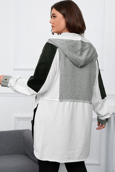 Plus Size Slit Color Block Half Snap Hoodie