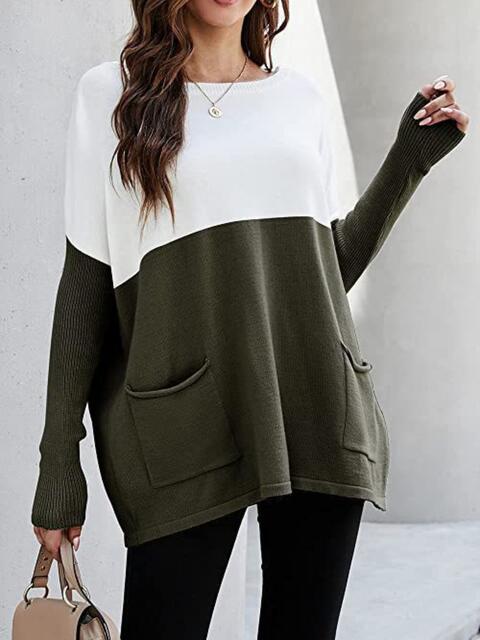 Two Tone Pullover Sweater with Pockets