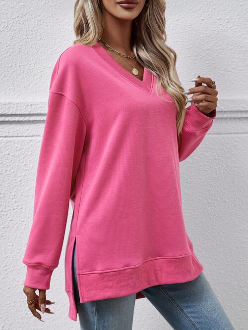 V-Neck Slit Long Sleeve Sweatshirt