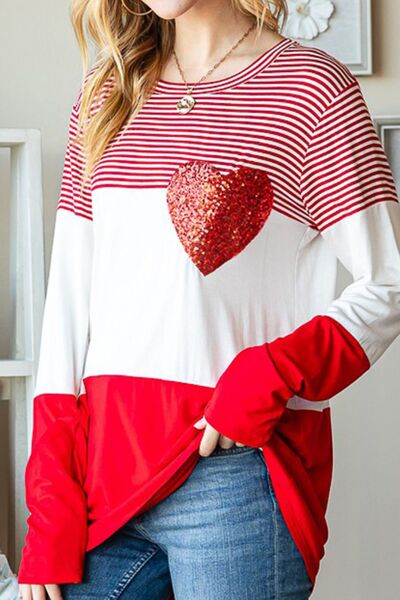 Striped Heart Sequin Long Sleeve T-Shirt