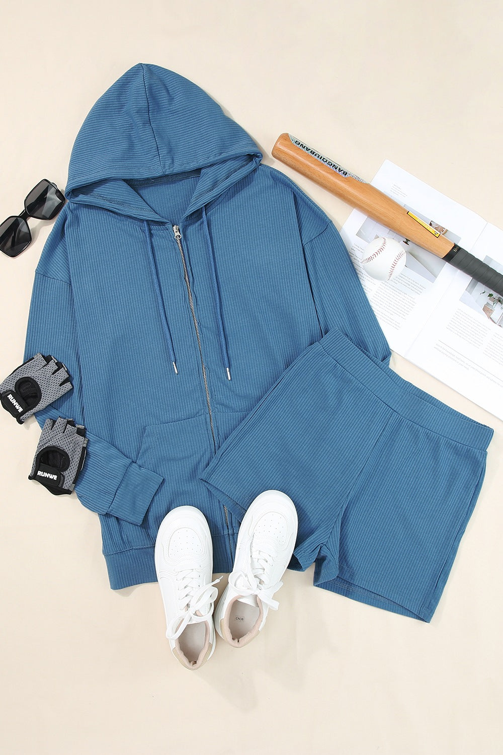 Drawstring Zip Up Sweatshirt and Shorts Set