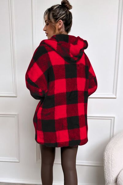 Double Take Full Size Plaid Long Sleeve Hooded Coat