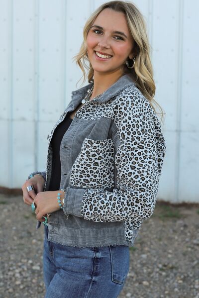 Ribbed Leopard Distressed Button Up Jacket