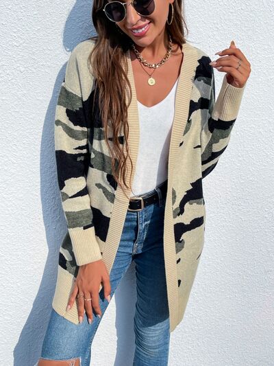 Camouflaged Dropped Shoulder Open Front Cardigan