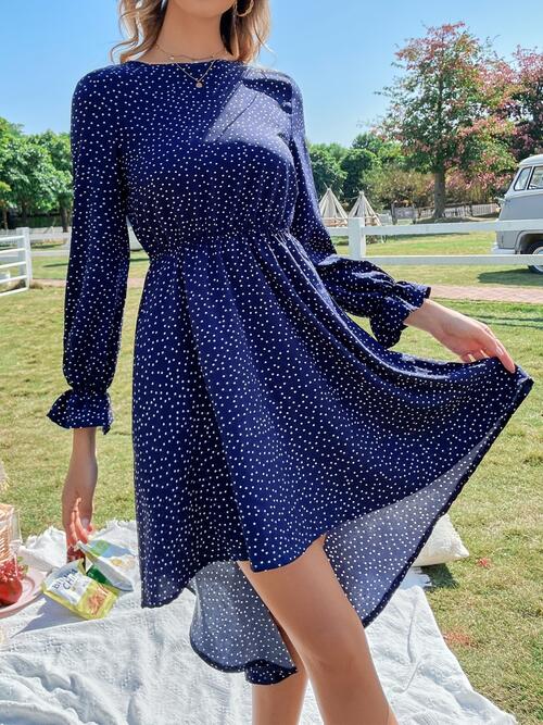 Printed Round Neck Long Sleeve Dress