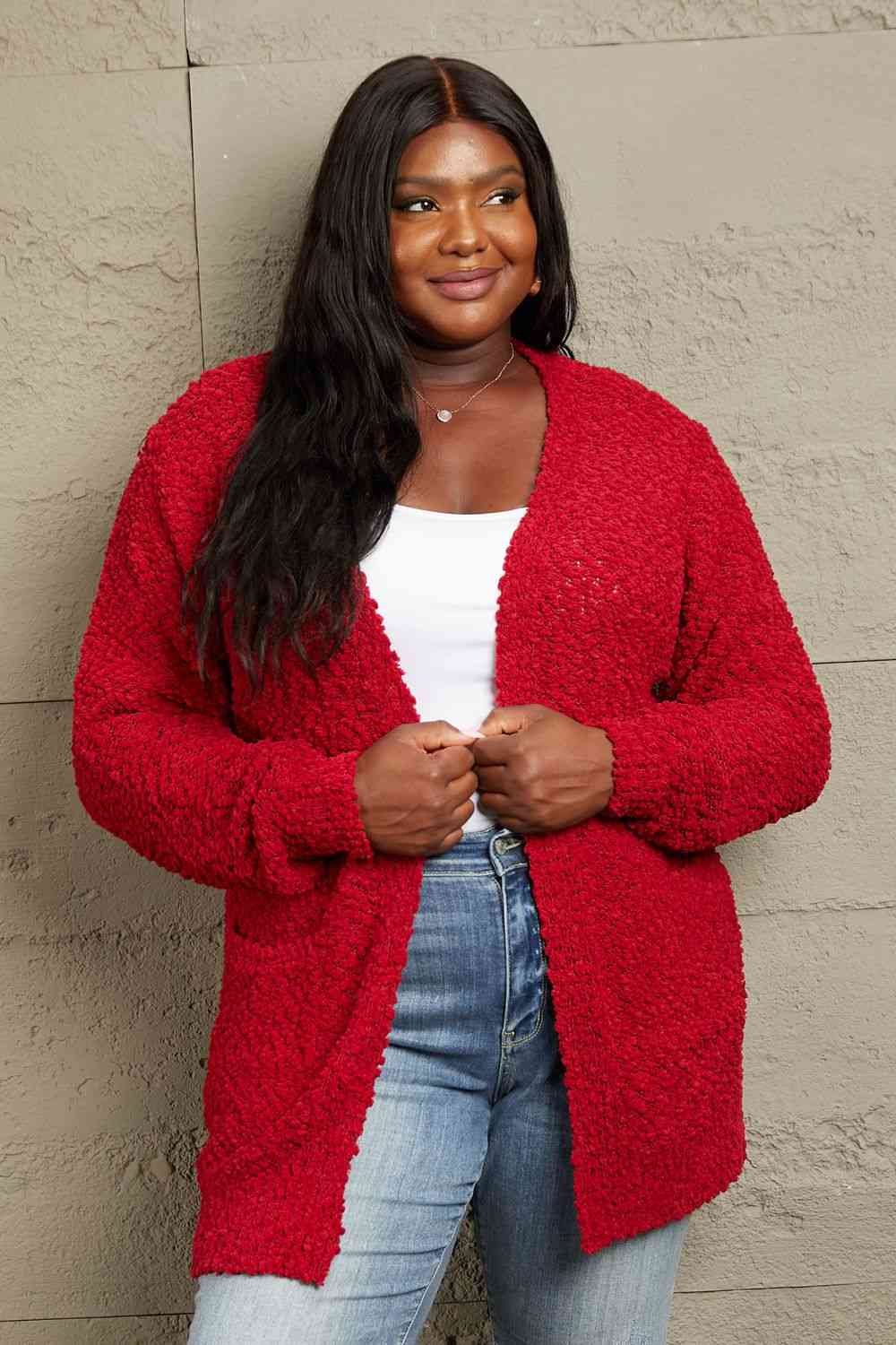 Zenana Falling For You Full Size Open Front Popcorn Cardigan