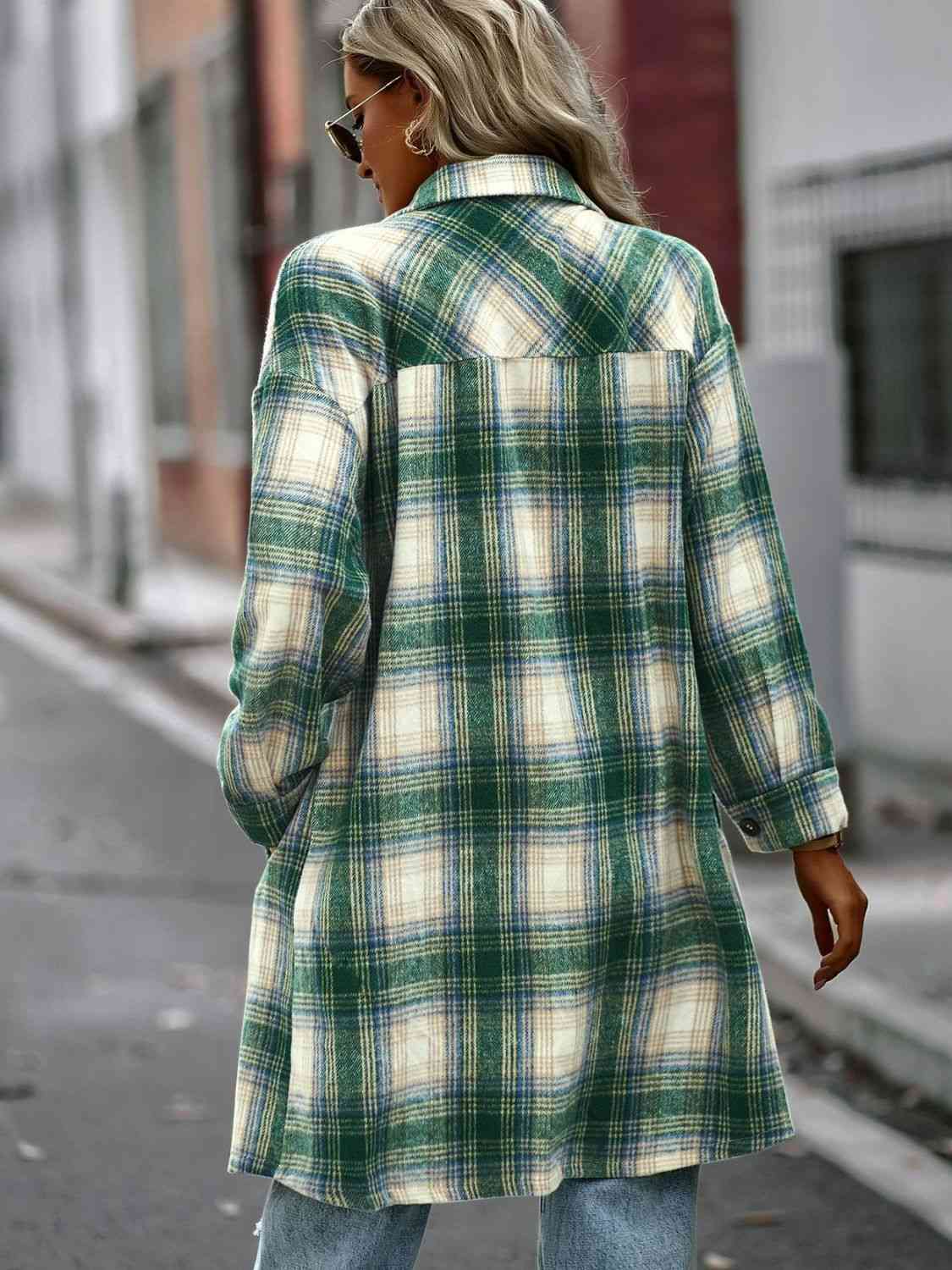 Double Take Plaid Button-Up Longline Jacket with Pockets