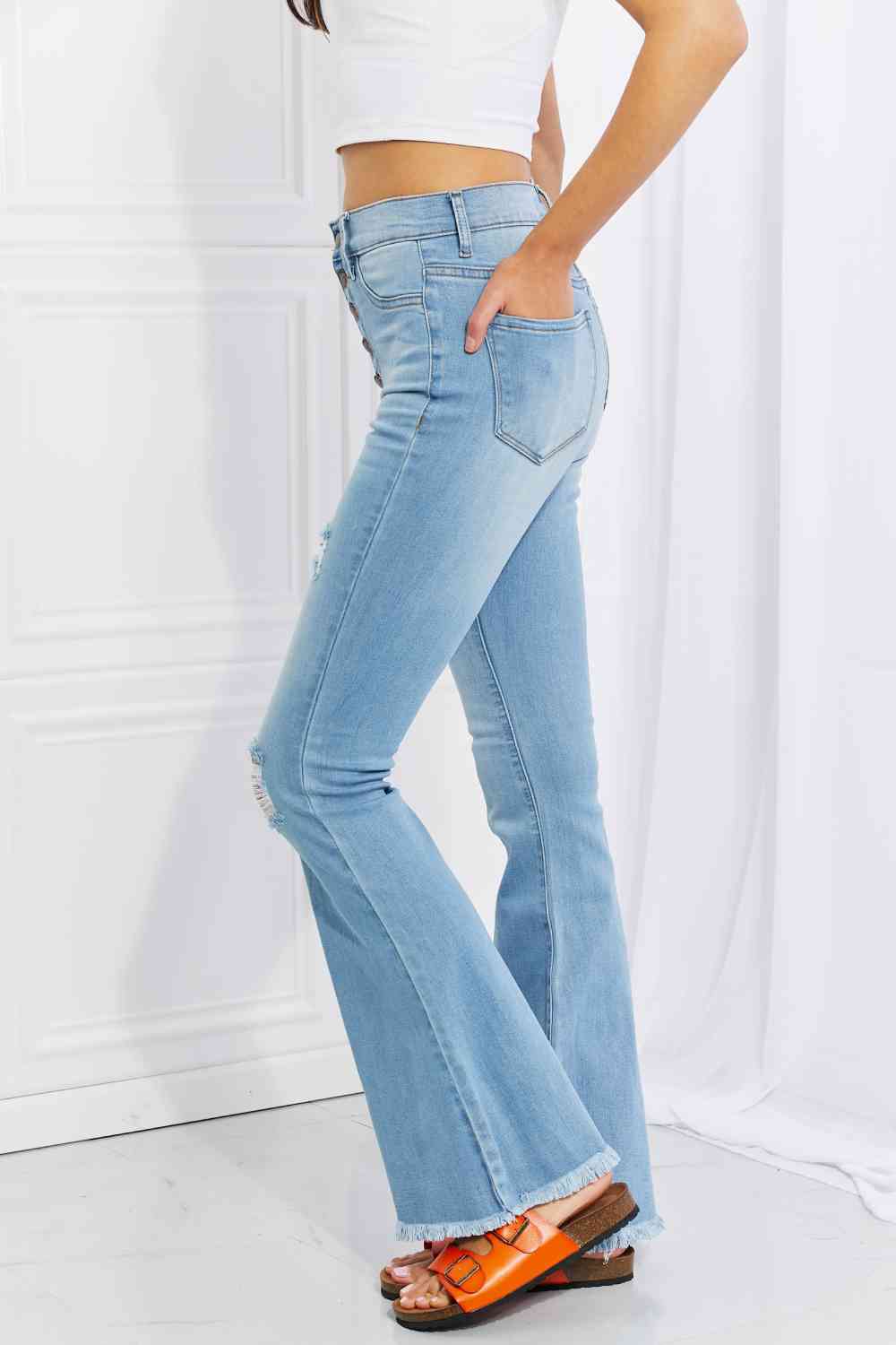 Vibrant MIU Full Size Jess Button Flare Jeans