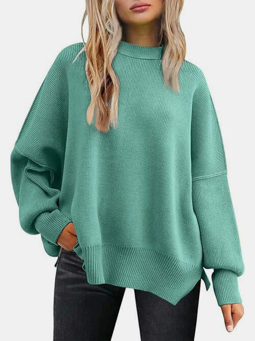 Round Neck Drop Shoulder Slit Sweater