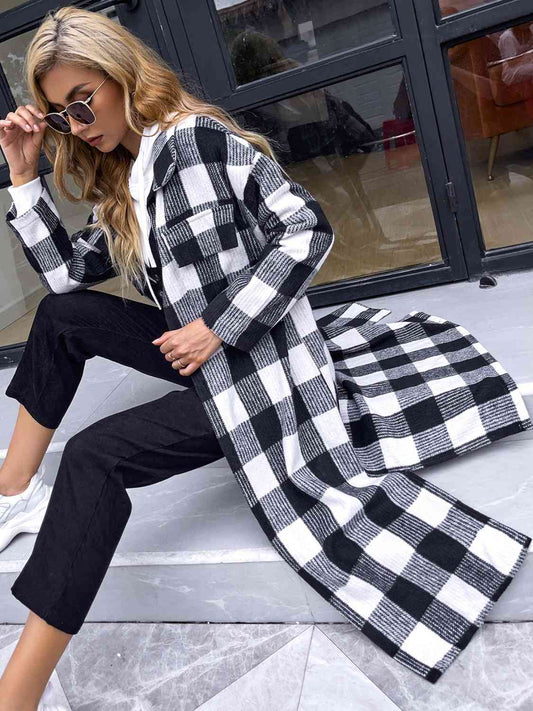 Plaid Collared Neck Slit Longline Coat