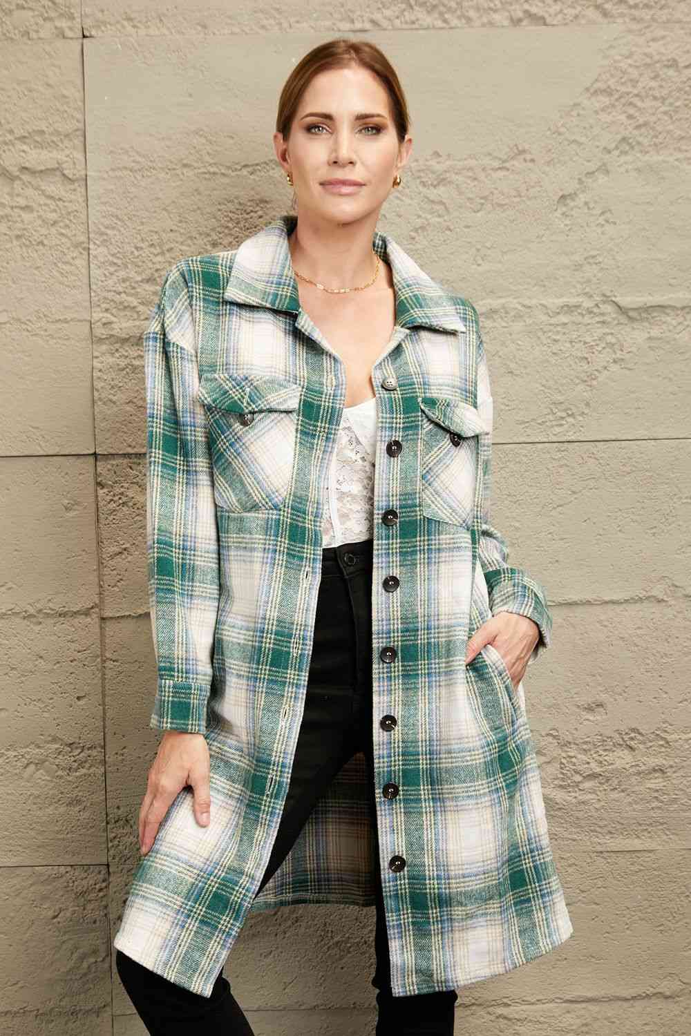 Double Take Plaid Button-Up Longline Jacket with Pockets