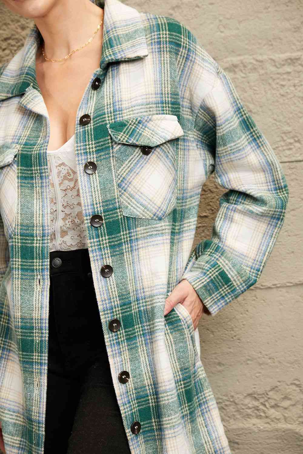 Double Take Plaid Button-Up Longline Jacket with Pockets