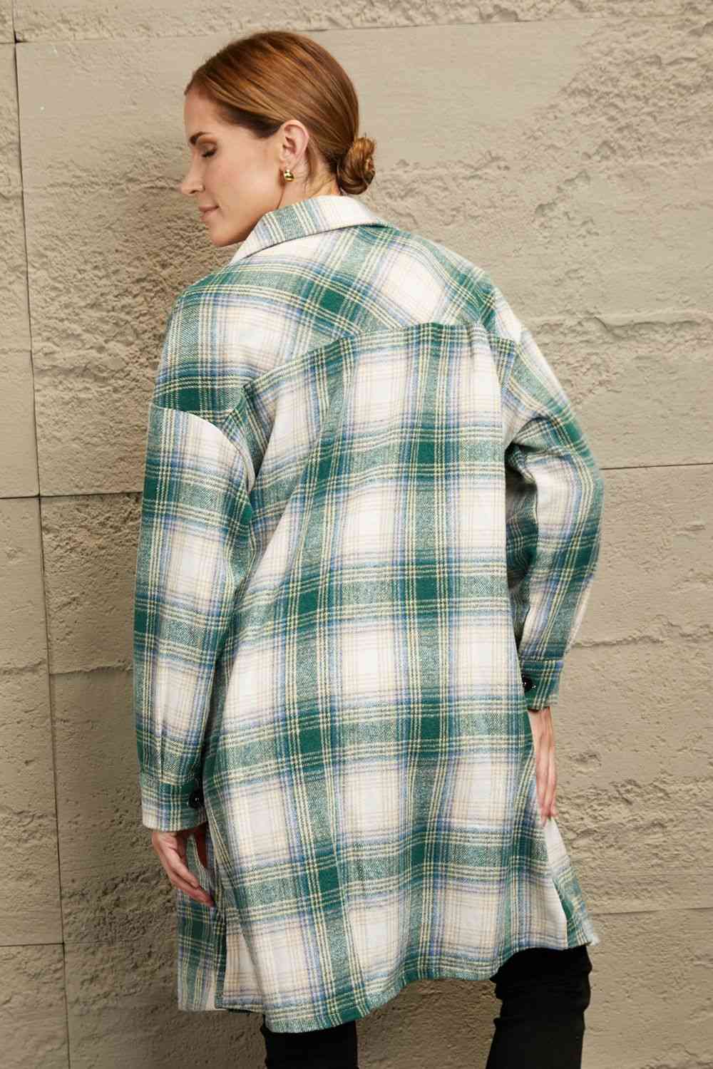 Double Take Plaid Button-Up Longline Jacket with Pockets