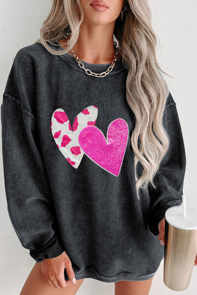 Heart Round Neck Dropped Shoulder Sweatshirt